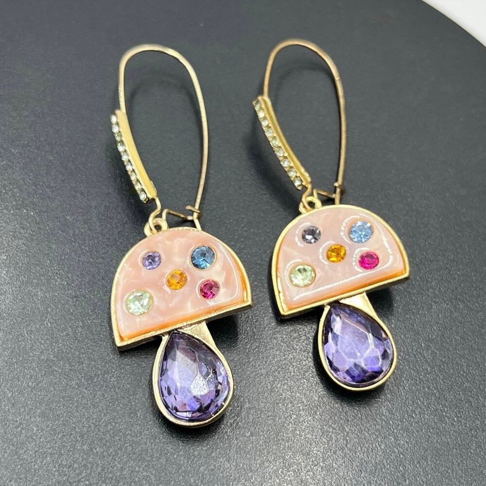 Betsey Johnson Enchanted Mushroom Enamel‎ and Rhinestone Drop Gold Tone Earrings